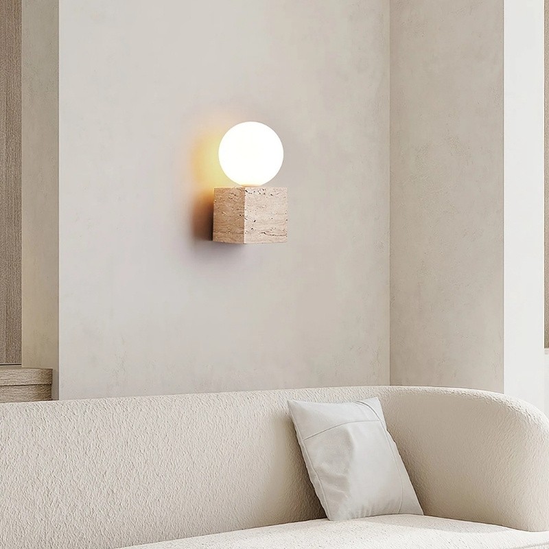 Natural Cube Travertine Wall Lamp - Warm Light for Modern Interiors S323