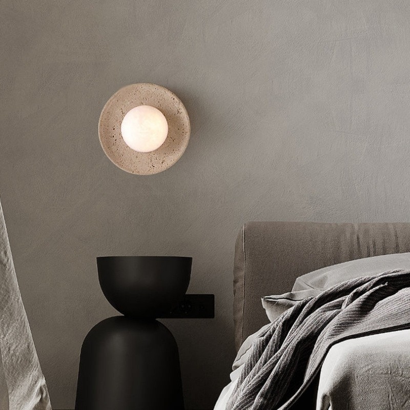 Wabi-Sabi Travertine Wall Light with Glowing Glass Globe S291