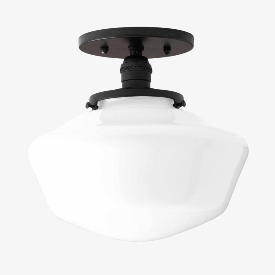 Geotower Glass Brass Ceiling Light - Opal Glass Schoolhouse Shade - Modern Elegance T370