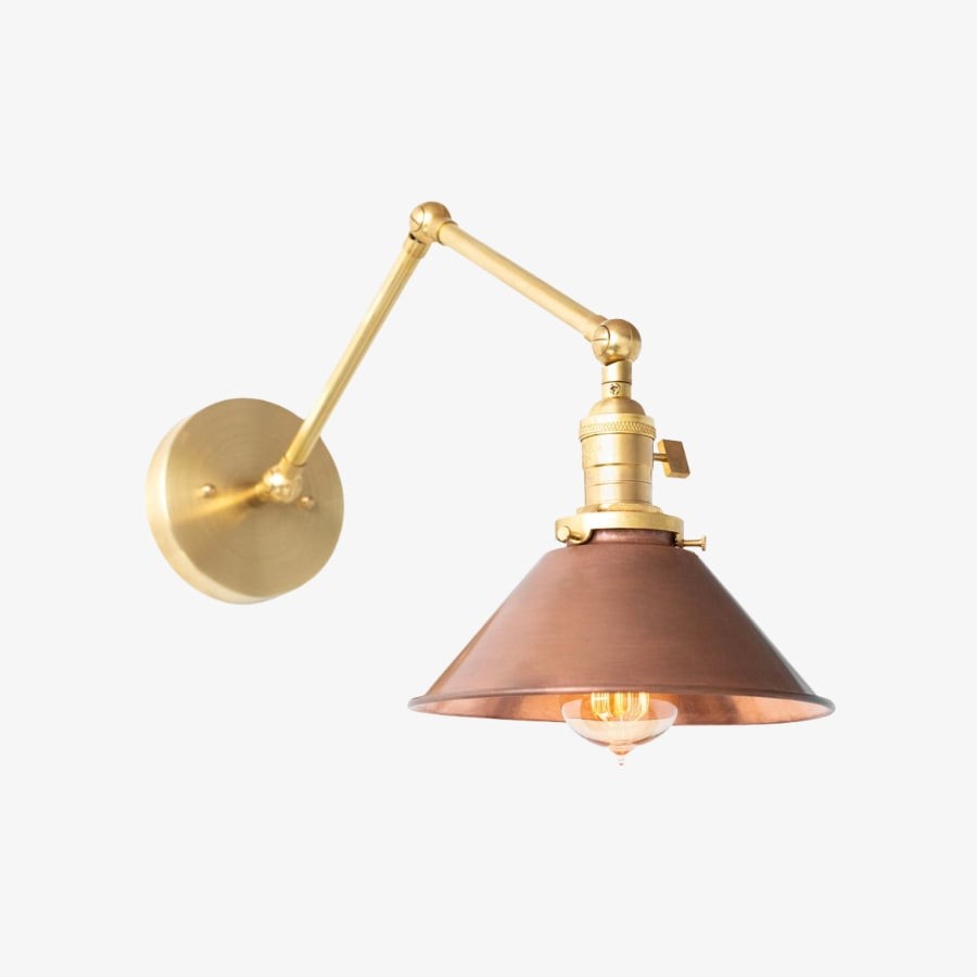 Conique Metal Industrial Wall Sconce with Adjustable Arm - Vintage Copper Cone Shade for Task Lighting T390