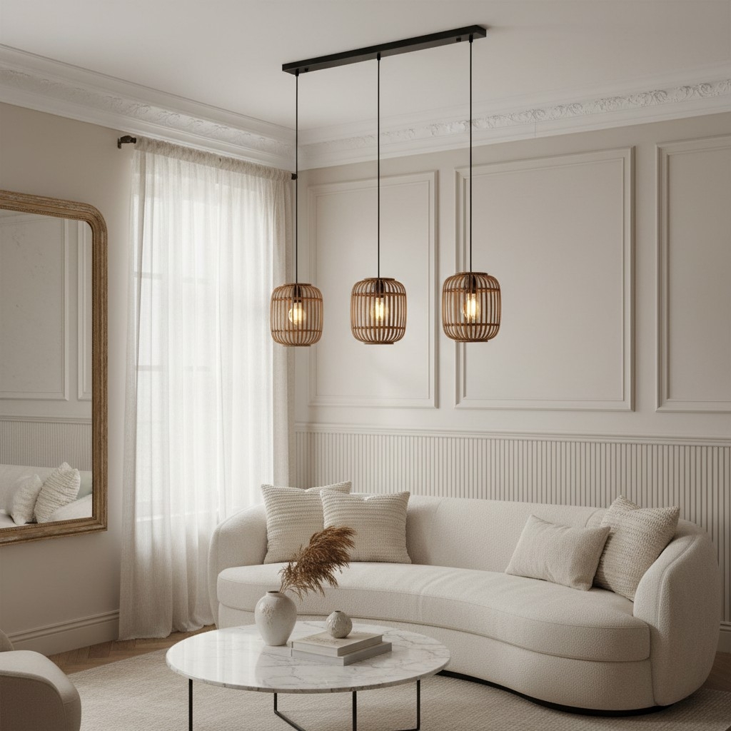 Yumeko Adjustable Bamboo Pendant Lamp - Natural Cage Ceiling Light Perfect for Living & Dining Rooms T999