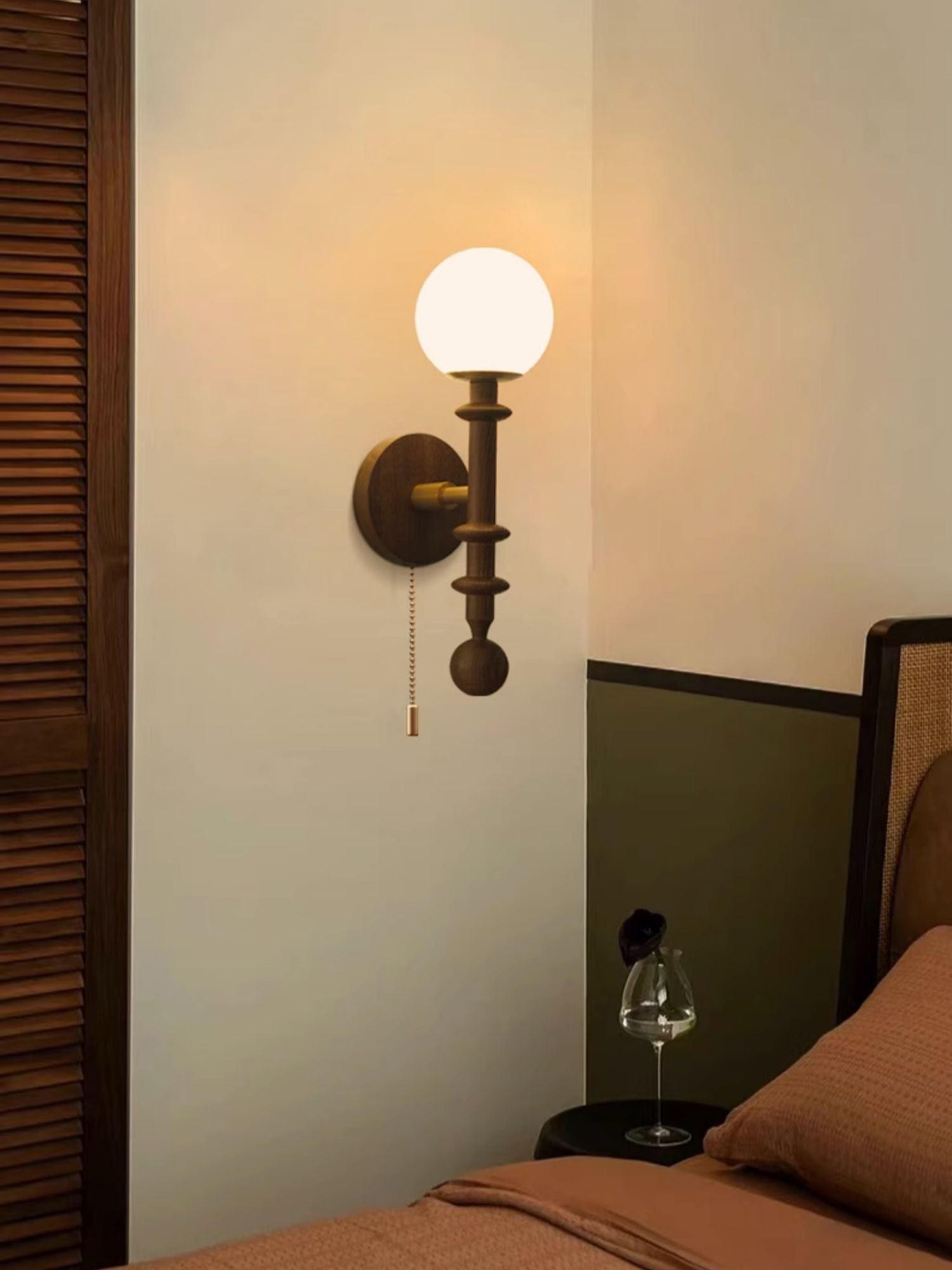 French Simple Vintage Bedside Wooden Glass Wall Lamp M322