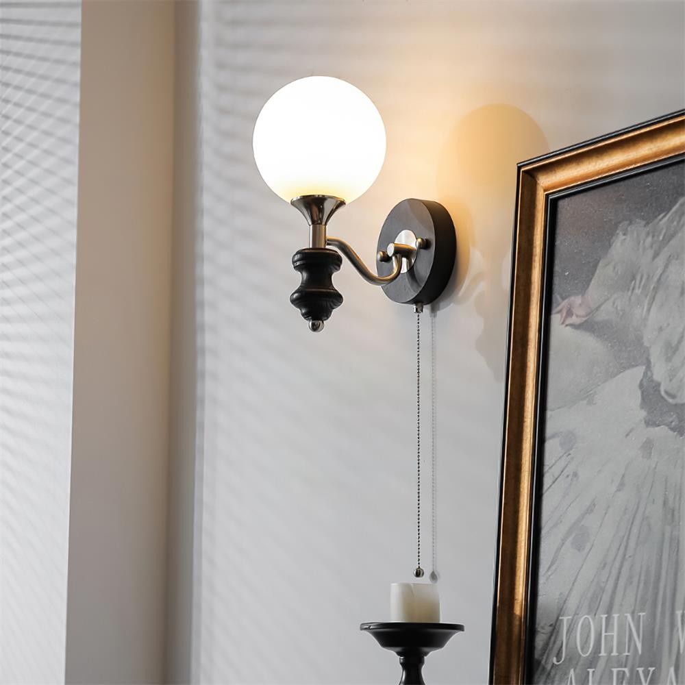 Retro spherical glass lampshade pull cord switch wall lamp P024