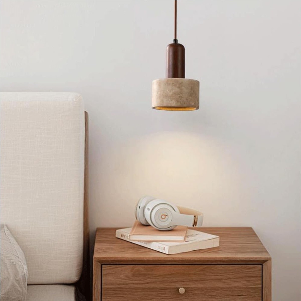 Minimalist Travertine Pendant Light With Wooden Top S264