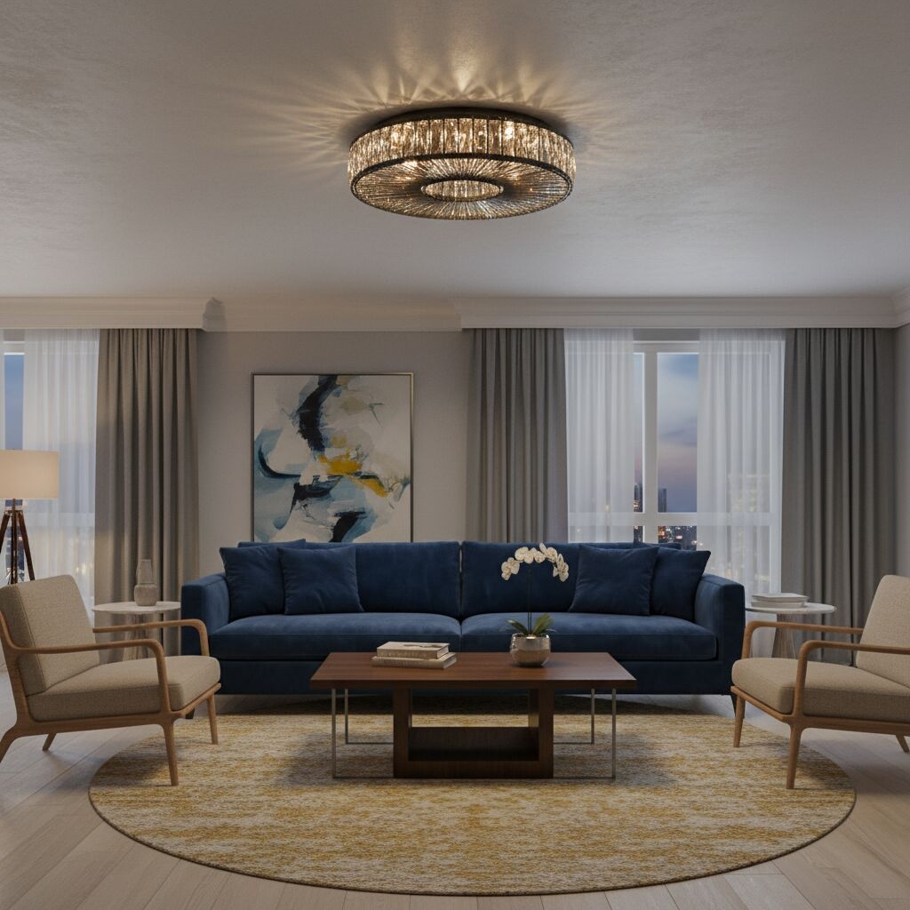 Glomar Glass Round Flush Ceiling Light - Modern Metal Glass Finish Living Areas T542