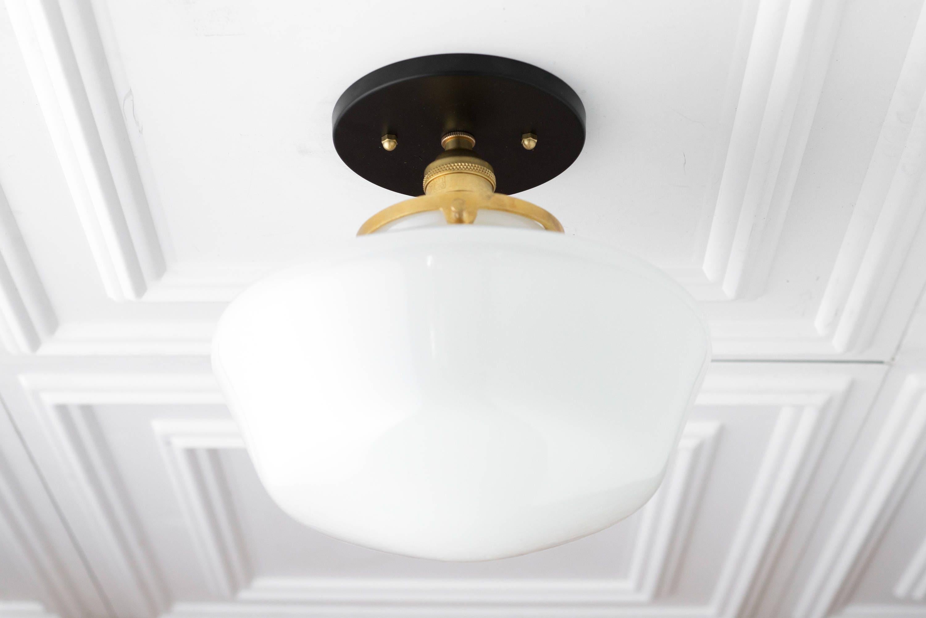 Geotower Glass Brass Ceiling Light - Opal Glass Schoolhouse Shade - Modern Elegance T370