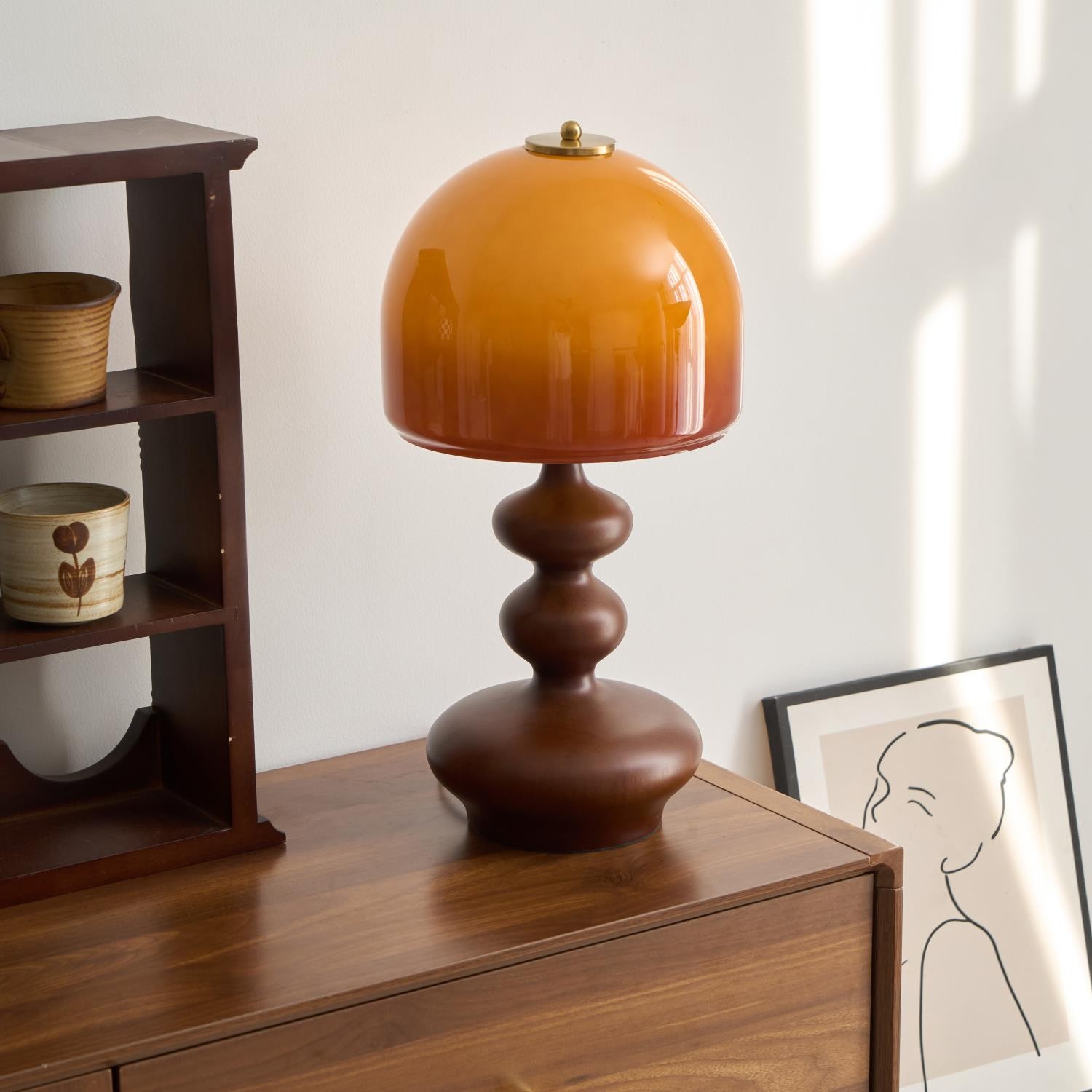 Vintage Amber Glass Lampshade Wooden Base Table Lamp P077