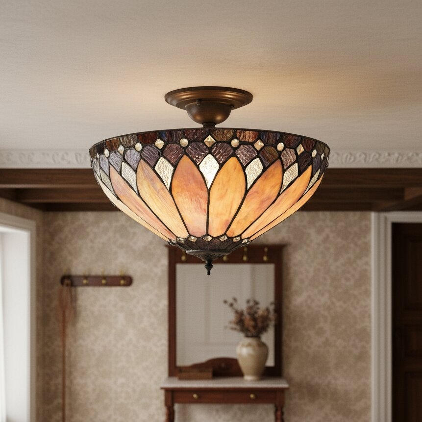 TF Brooklyn Tiffany Semi-flush Ceiling Light - Geometric Glass Shade for Hallways or Living Rooms T1042