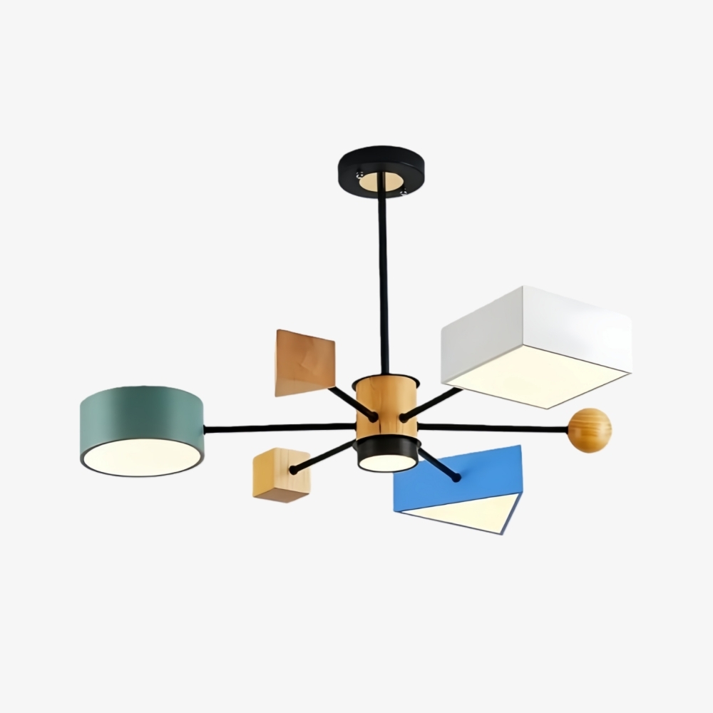 Modern Wood Block Chandelier - 4-Light Branch Style for Kids Room or Nursery S385