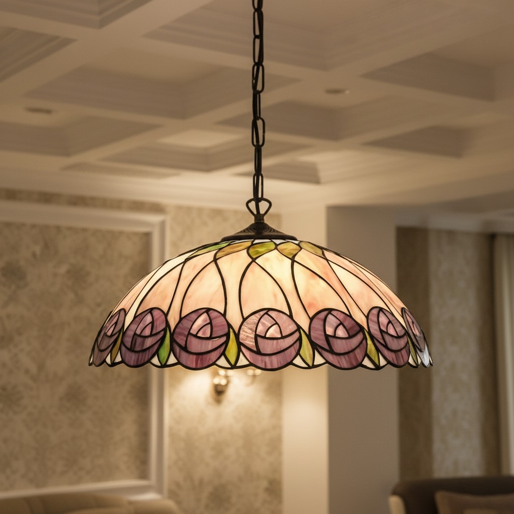 TF Hutchinson Tiffany Glass Pendant Light with Artistic Mosaic Design for Dining and Living Spaces T956