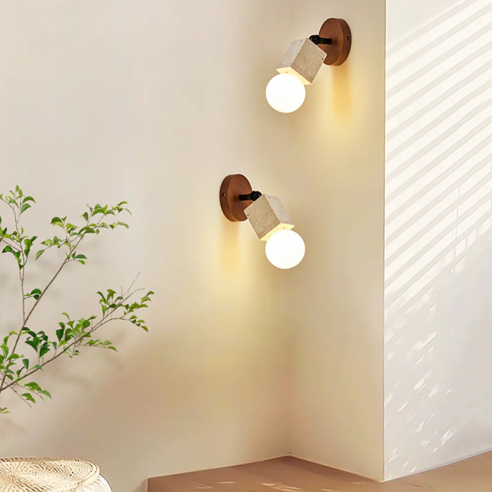 Geometric Travertine Cube With Glass Globe Wall Sconce S319
