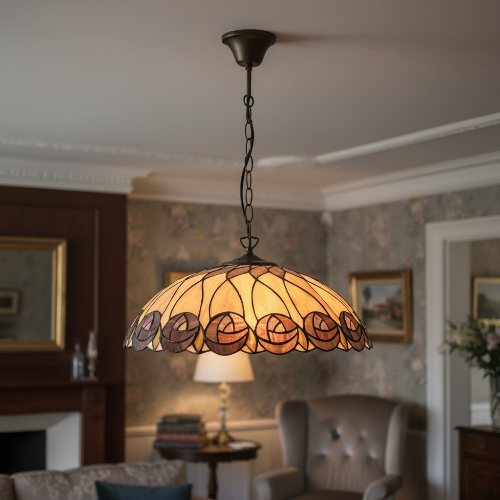 TF Hutchinson Tiffany Glass Pendant Light with Artistic Mosaic Design for Dining and Living Spaces T956