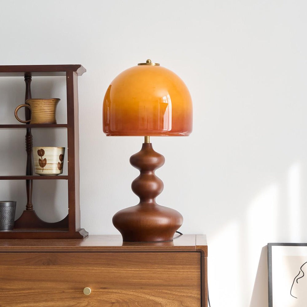 Vintage Amber Glass Lampshade Wooden Base Table Lamp P077