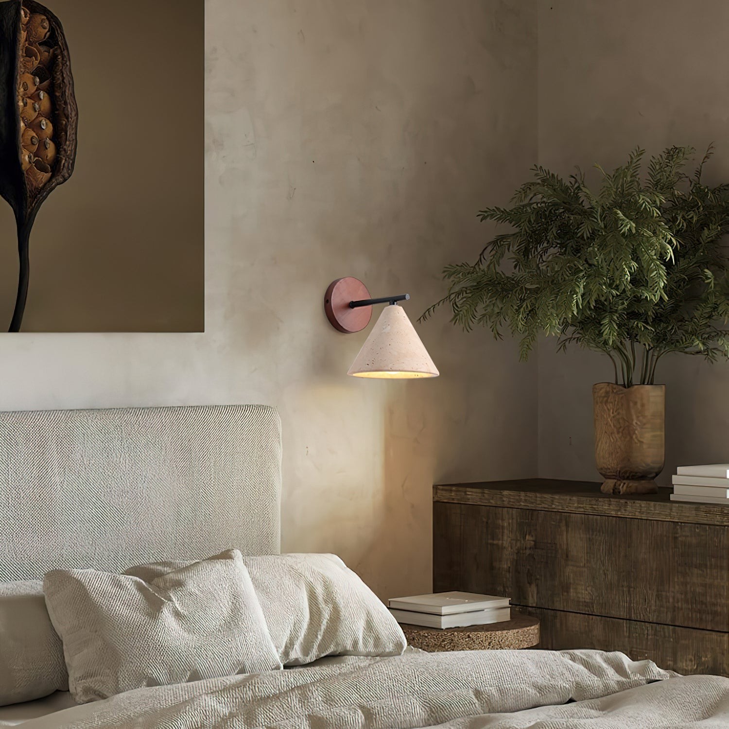 Textured Travertine Cone Wall Light - Minimalist Bedroom Sconce M56