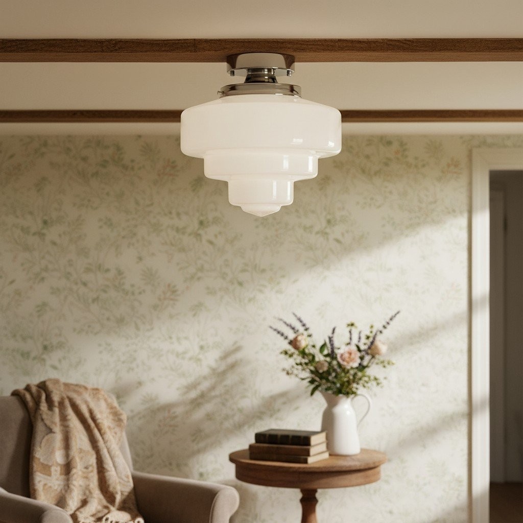 Geotower Glass Brass Ceiling Lamp – Handblown Opal Glass Globe Light T365