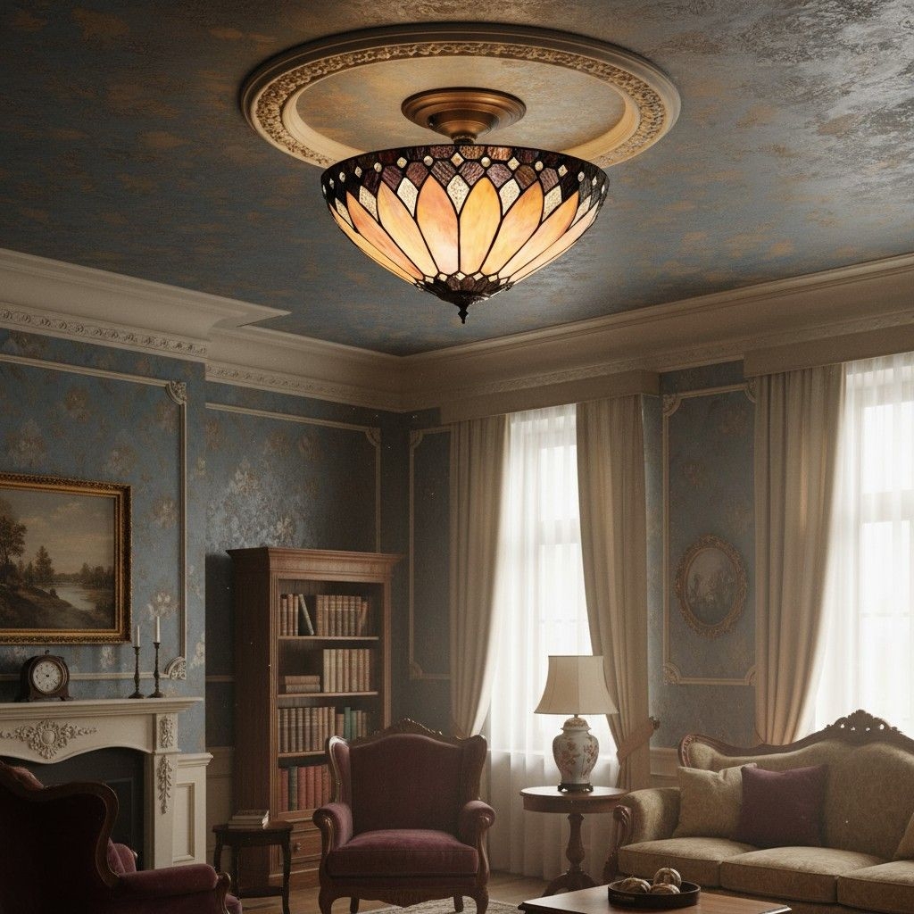 TF Brooklyn Tiffany Semi-flush Ceiling Light - Geometric Glass Shade for Hallways or Living Rooms T1042