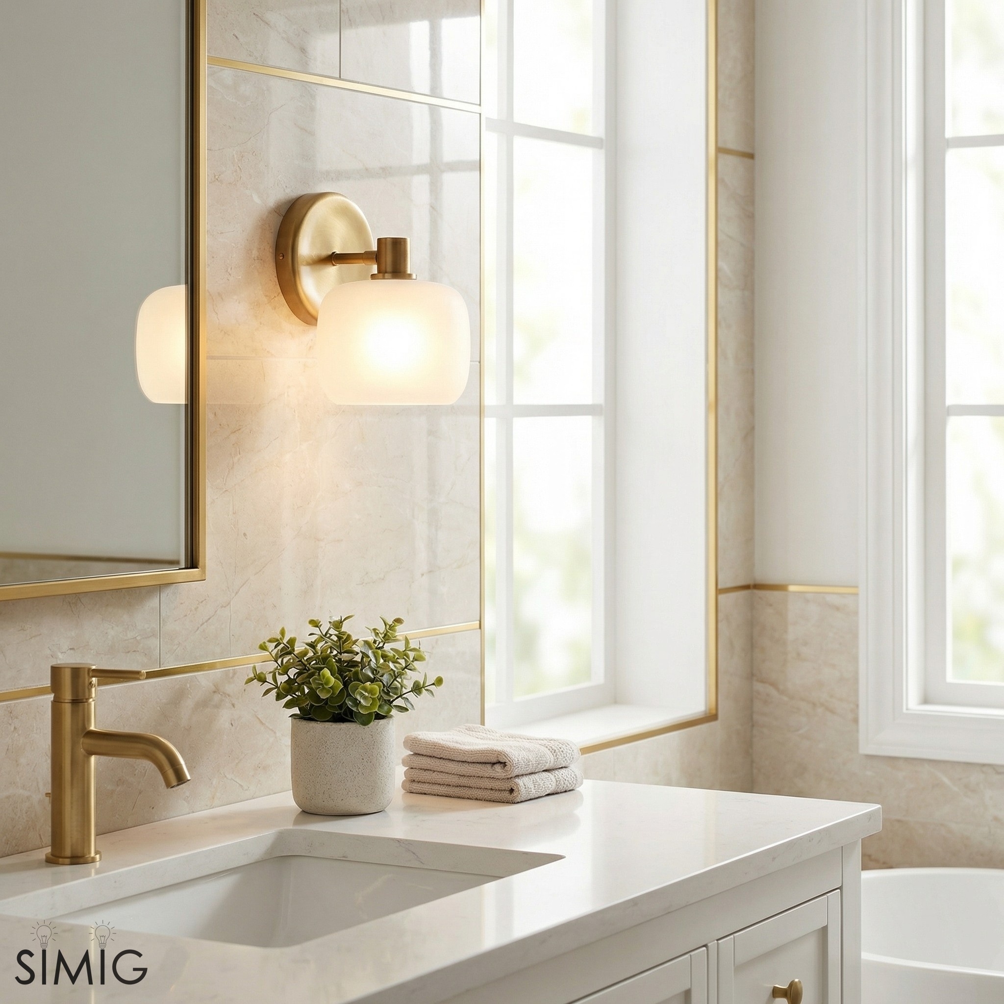 Lirra Frosted Glass Wall Sconce - Brass Look for Bathroom Vanity T758