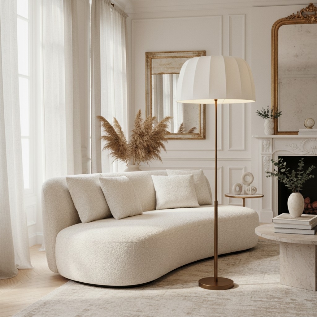 Vellaro Brass Floor Lamp with Fabric Shade - Modern Standing Light for Living Room or Bedroom T697