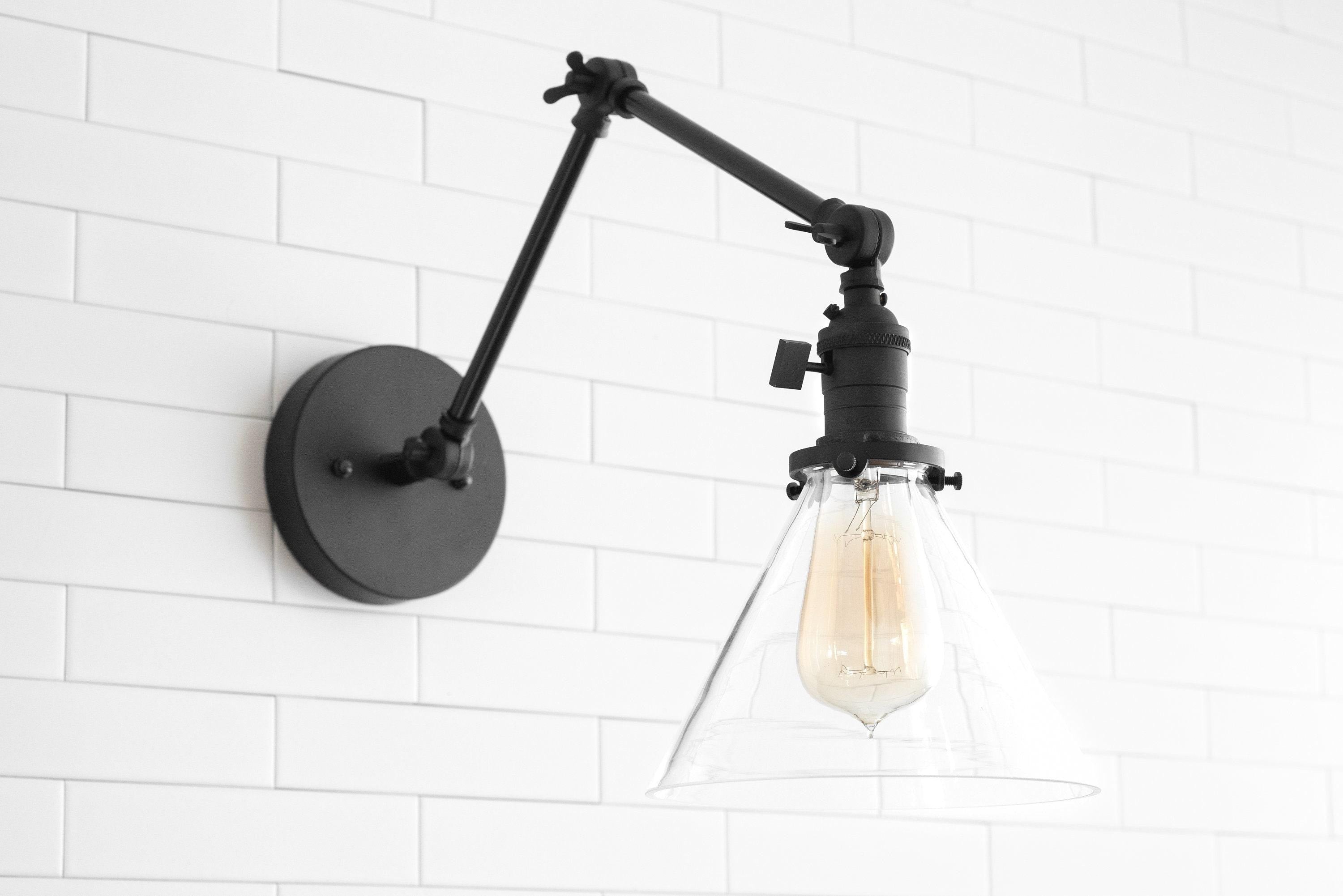 Conique Metal Industrial Wall Sconce with Adjustable Arm - Vintage Glass Cone Shade T311