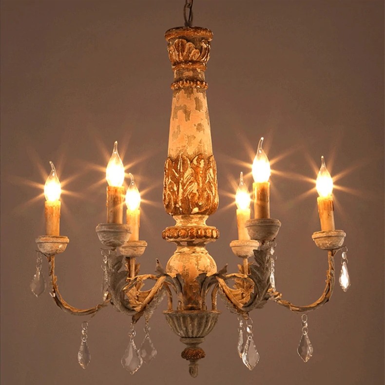 Wooden Iron Vintage Crystal Chandelier