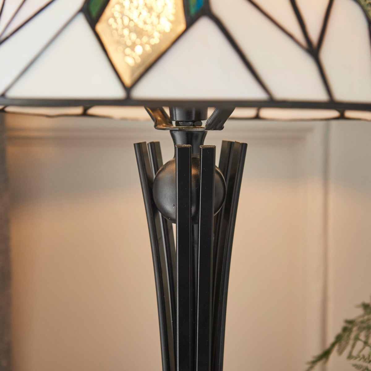 TF Astoria Art Deco Stained-Glass Table Lamp - Bevelled & Iridescent Shade for Bedroom or Living Room T852