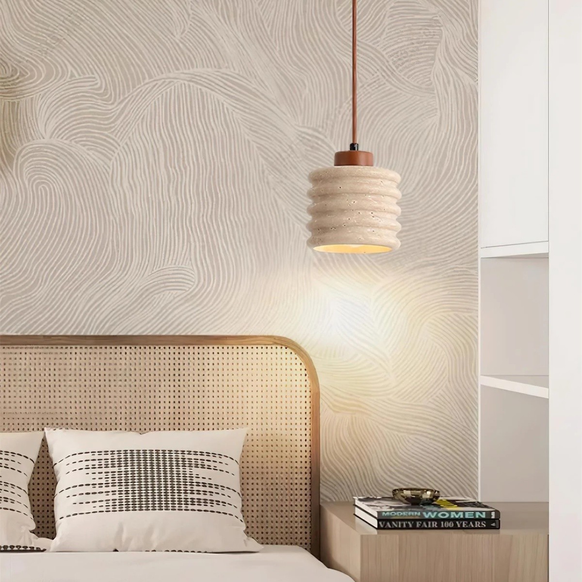 Textured Travertine Hanging Light - Minimalist Bedroom Pendant S265