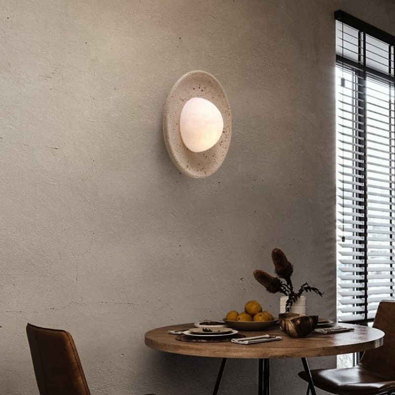 Wabi-Sabi Travertine Wall Light with Glowing Glass Globe S291