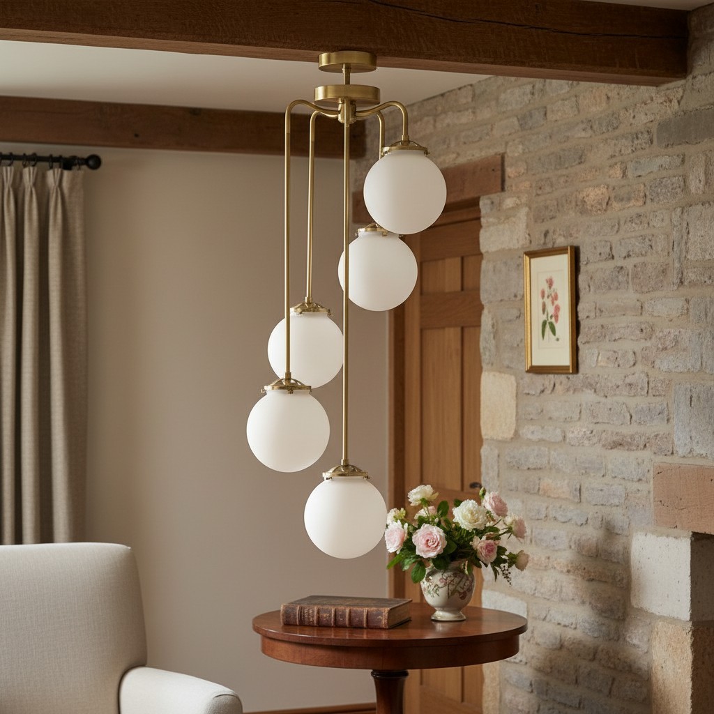 Glorica Glass 5 Globe Chandelier - Brass and Opal Glass Vintage Pendant Light T319