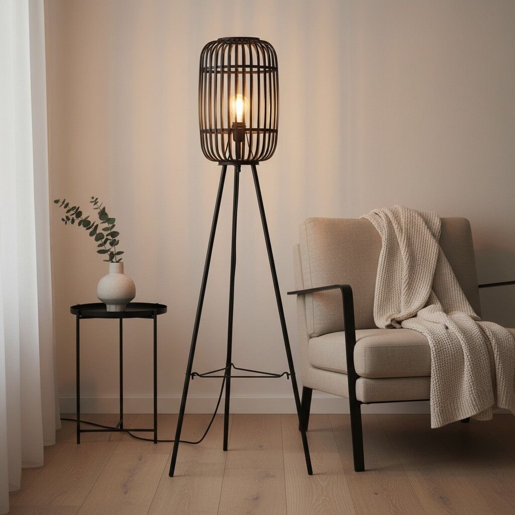 Yumeko Natural Woven Floor Lamp - Modern Scandi Bamboo Shade Standing Lamp for Bedrooms or Living Rooms T972