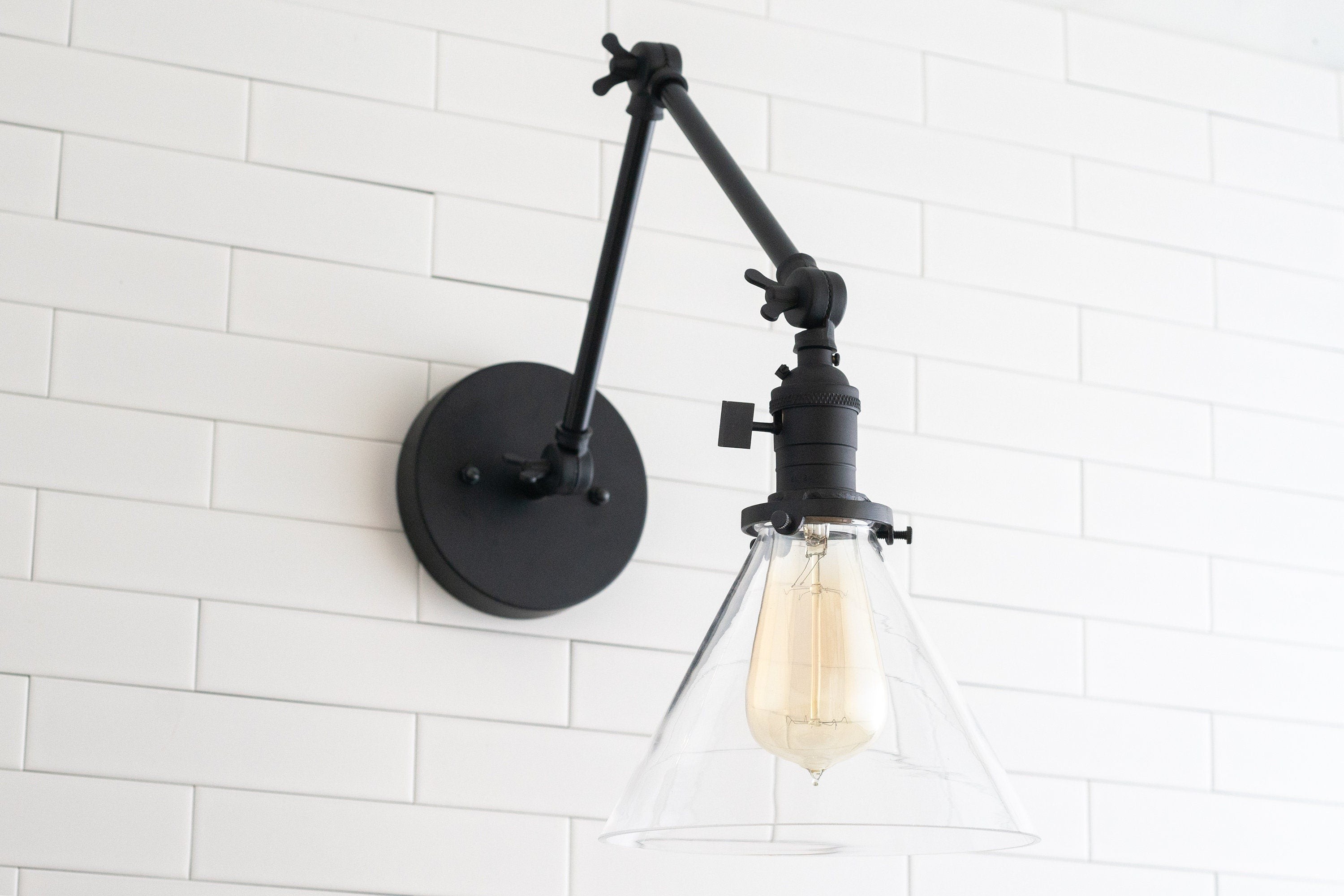 Conique Metal Industrial Wall Sconce with Adjustable Arm - Vintage Glass Cone Shade T311