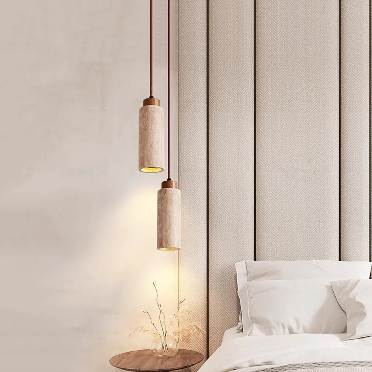 Minimalist Beige Travertine Cylinder Pendant Light S268