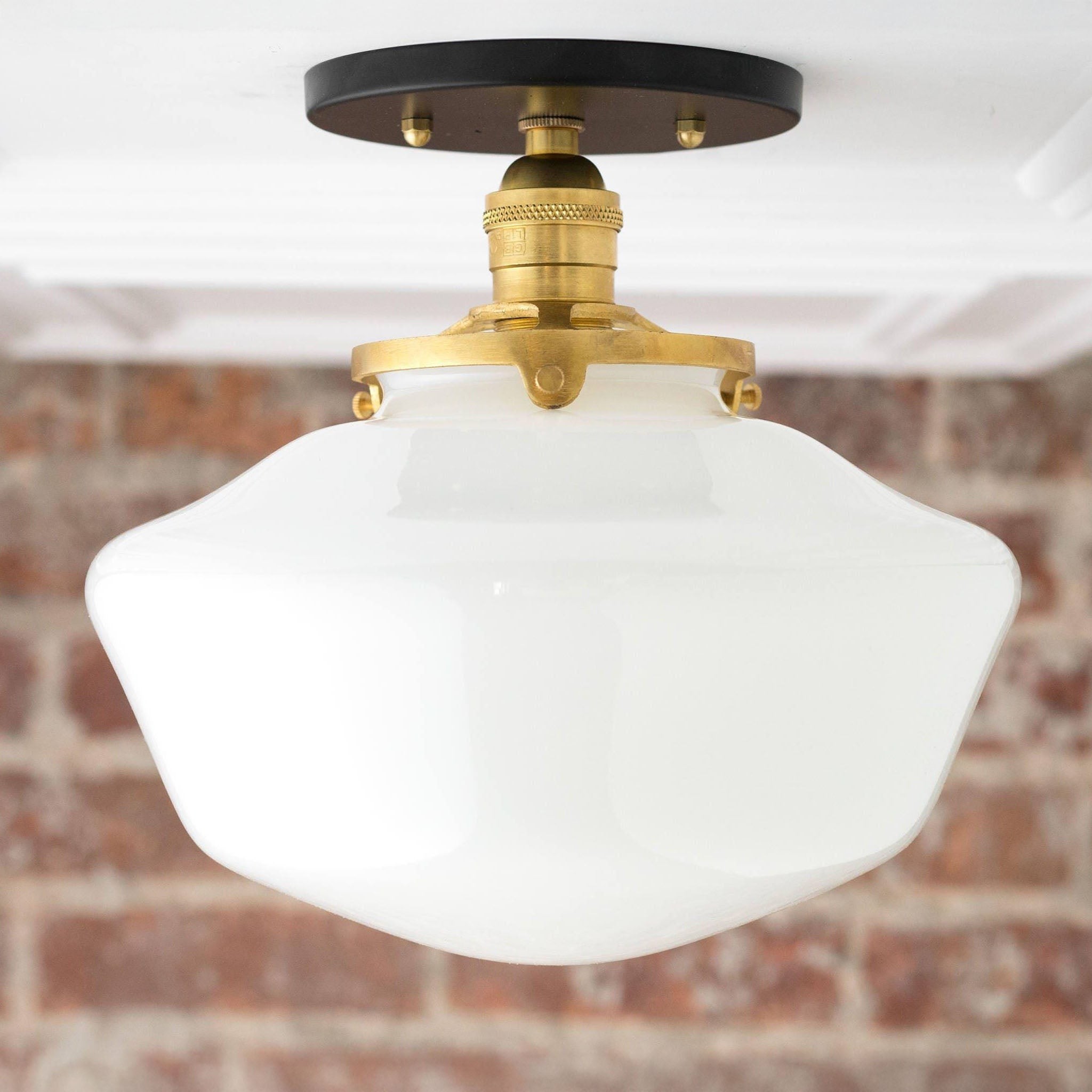 Geotower Glass Brass Ceiling Light - Opal Glass Schoolhouse Shade - Modern Elegance T370