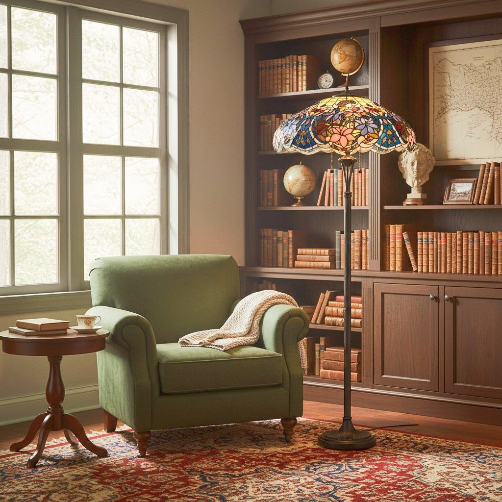 TF Sullivan Tiffany Floor Lamp - Floral Stained Glass Design for Study or Living Room T861