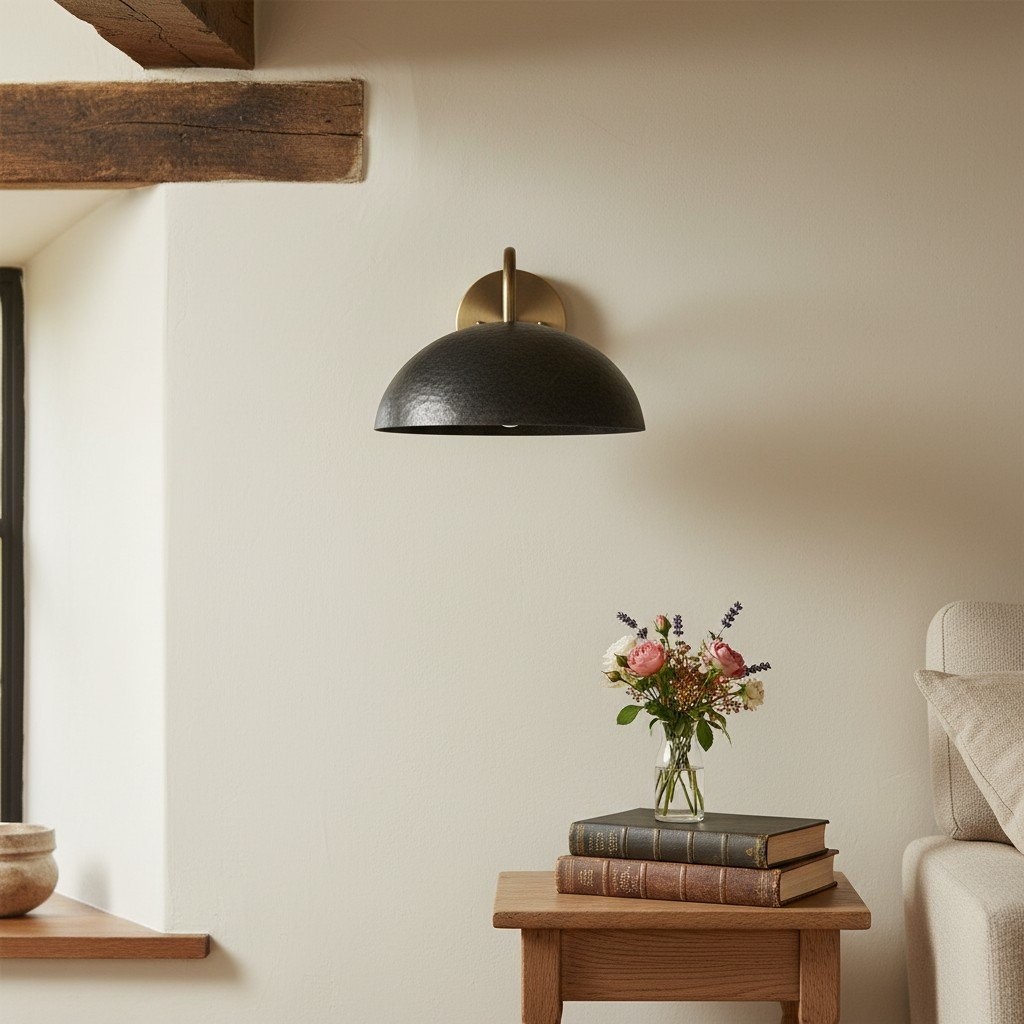 Curva Metal  Industrial Wall Sconce - Curved Brass Arm - Hammered Dome Light Fixture T408