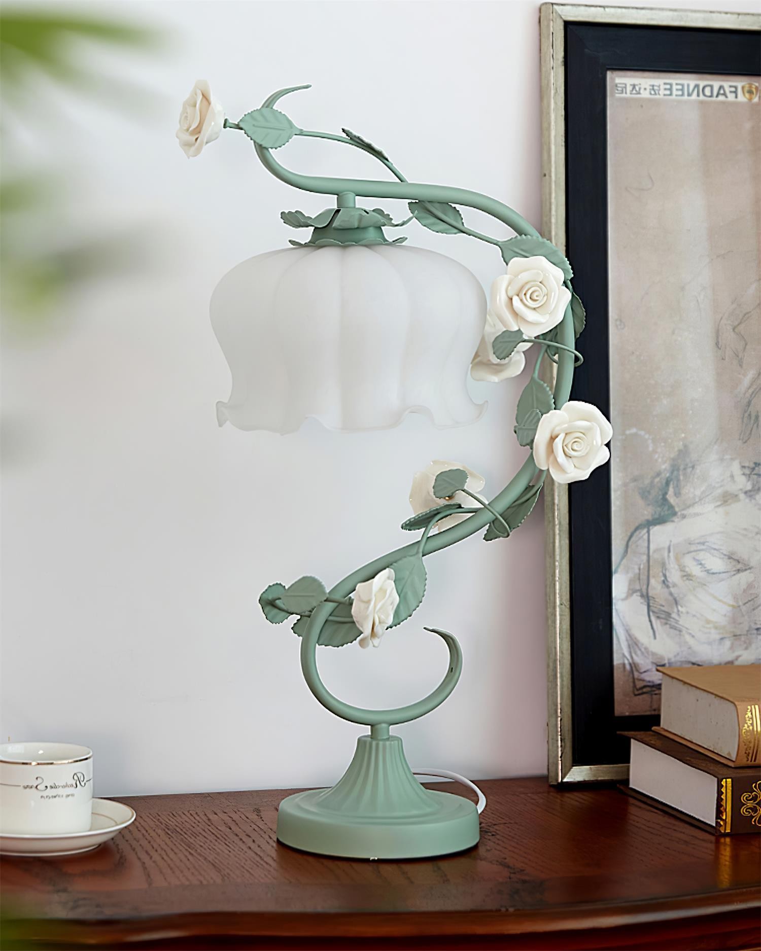 Green Pink White Rose Flower Table Lamp M107