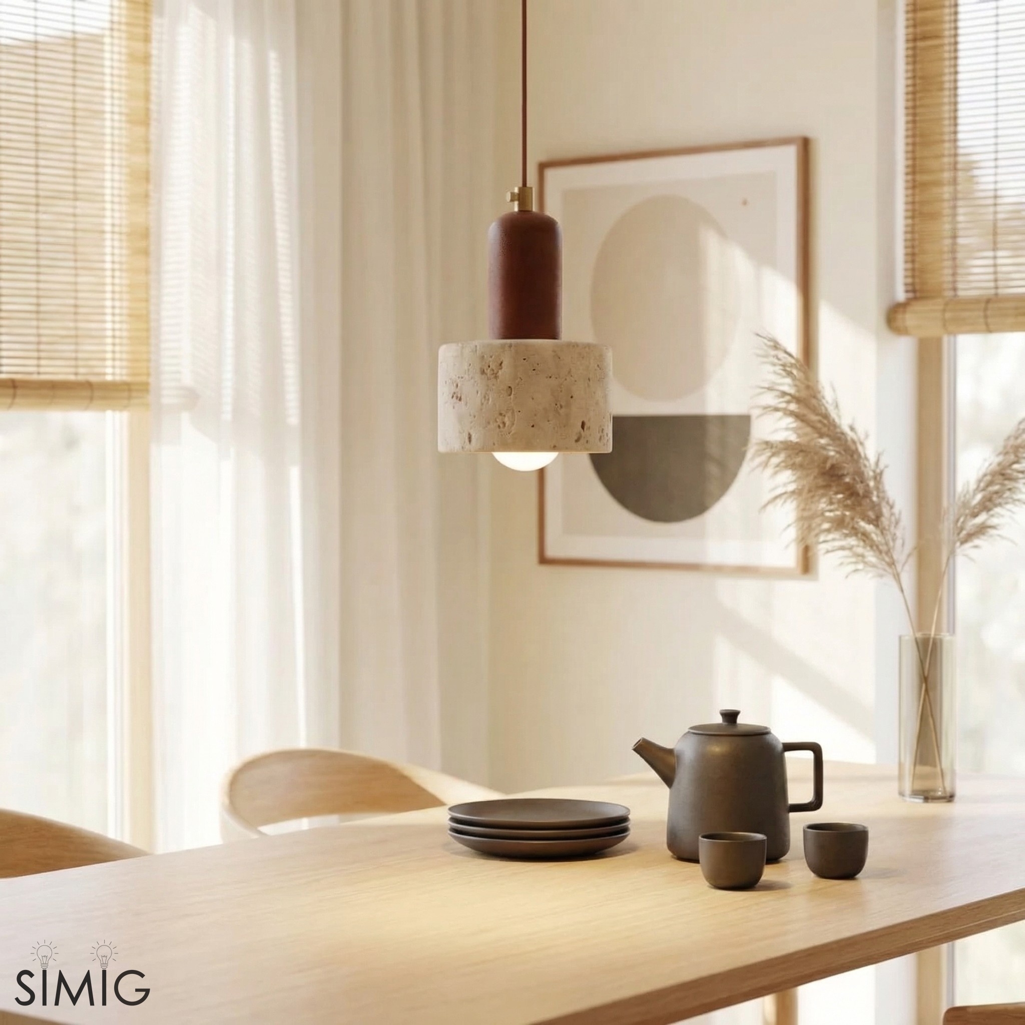 Rotating Travertine and Wood Pendant Light - Japandi Dining Room Glow T1100