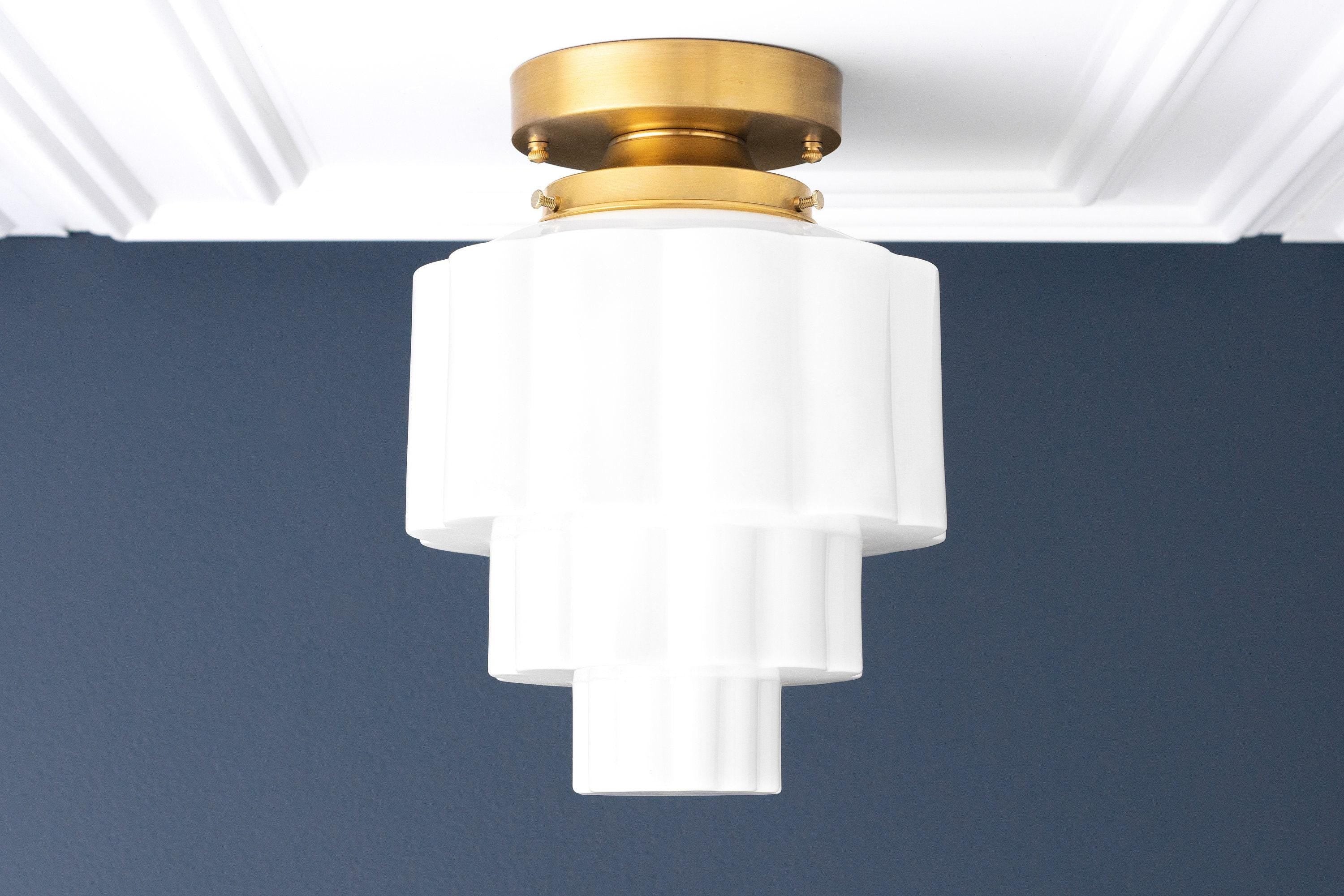 Geotower Glass Brass Ceiling Light – Art Deco Ribbed Globe Flush Mount T364