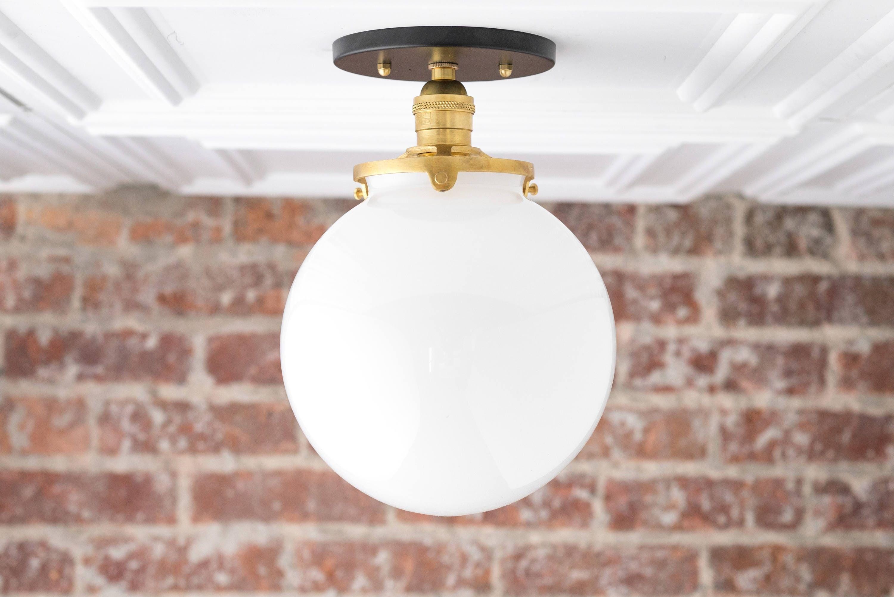 Glorica Glass Mid Century Semi Flush Ceiling Light - Whte Opal Gliass Globe Fixture T368