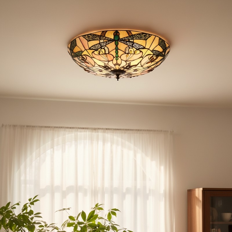TF Ashton Tiffany Dragonfly Motif Tiffany Glass Flush Surface Mount - Transitional Style for Bedrooms and Lounge Spaces T1055