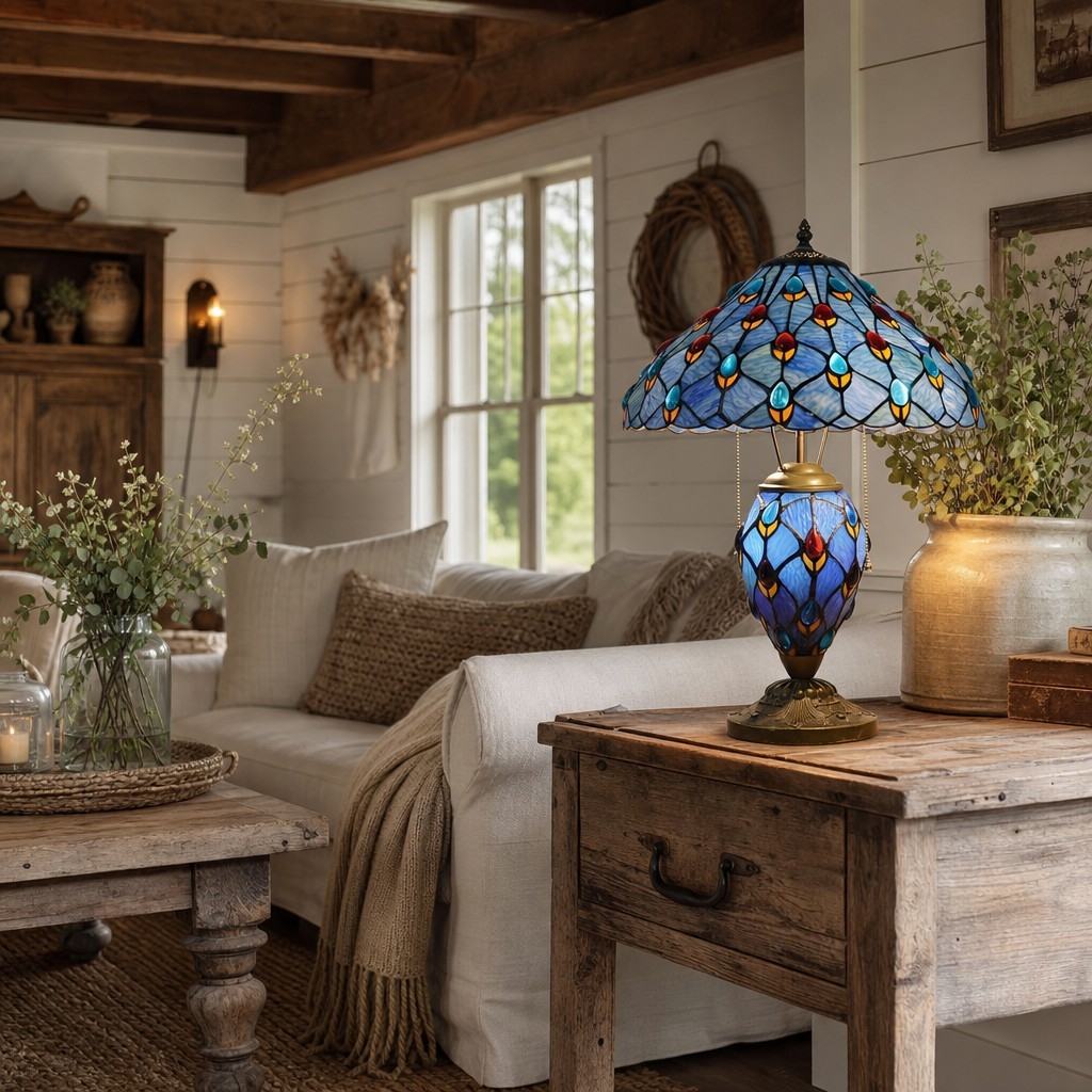 TF Tivanny Art Deco Stained Glass Table Lamp - Vintage Style for Bedroom or Living Room T2236