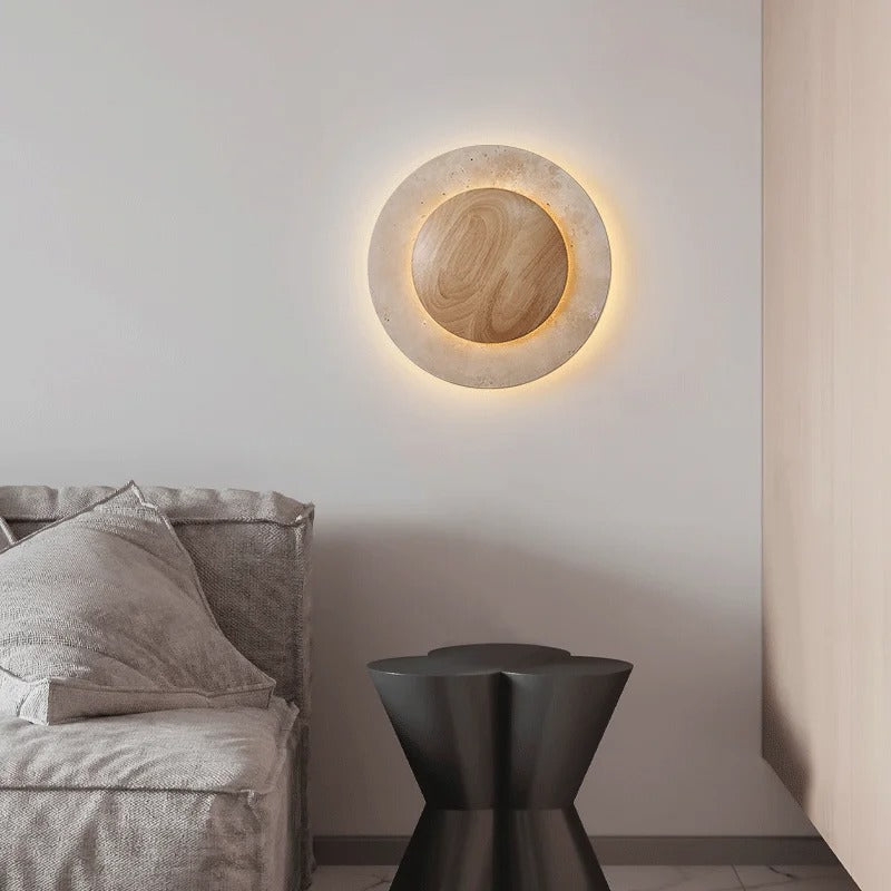 Round Travertine Wood Wall Light T2104