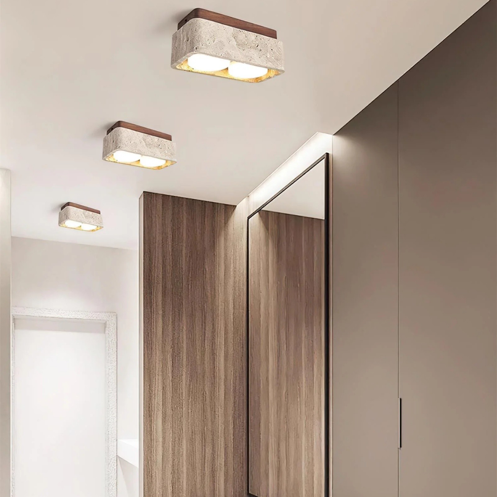Natural Cube Design Travertine Ceiling Light With Wood Base S297