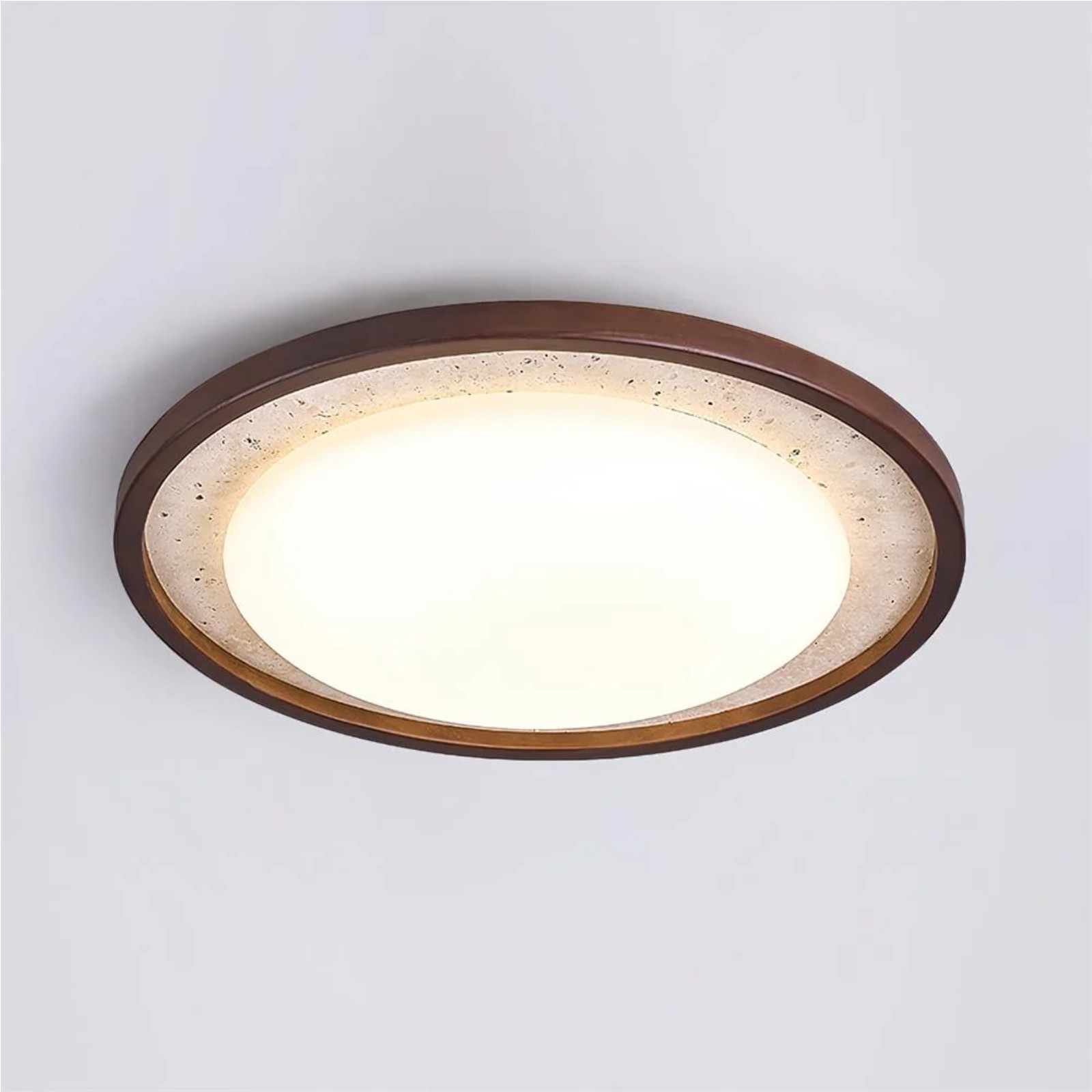 Modern Travertine Disk Flush Ceiling Light With Wood Trim S303