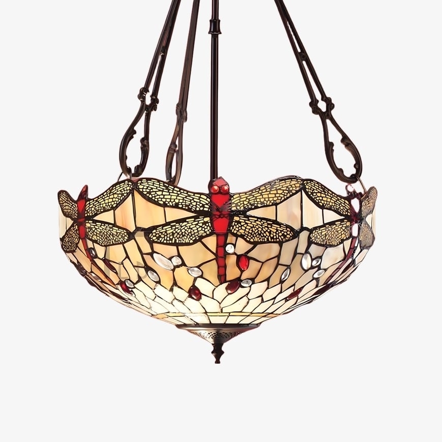 TF Dragonfly Beige Tiffany Pendant Lamp - Elegant Stained Glass Fixture for Dining Room and Bedroom T874