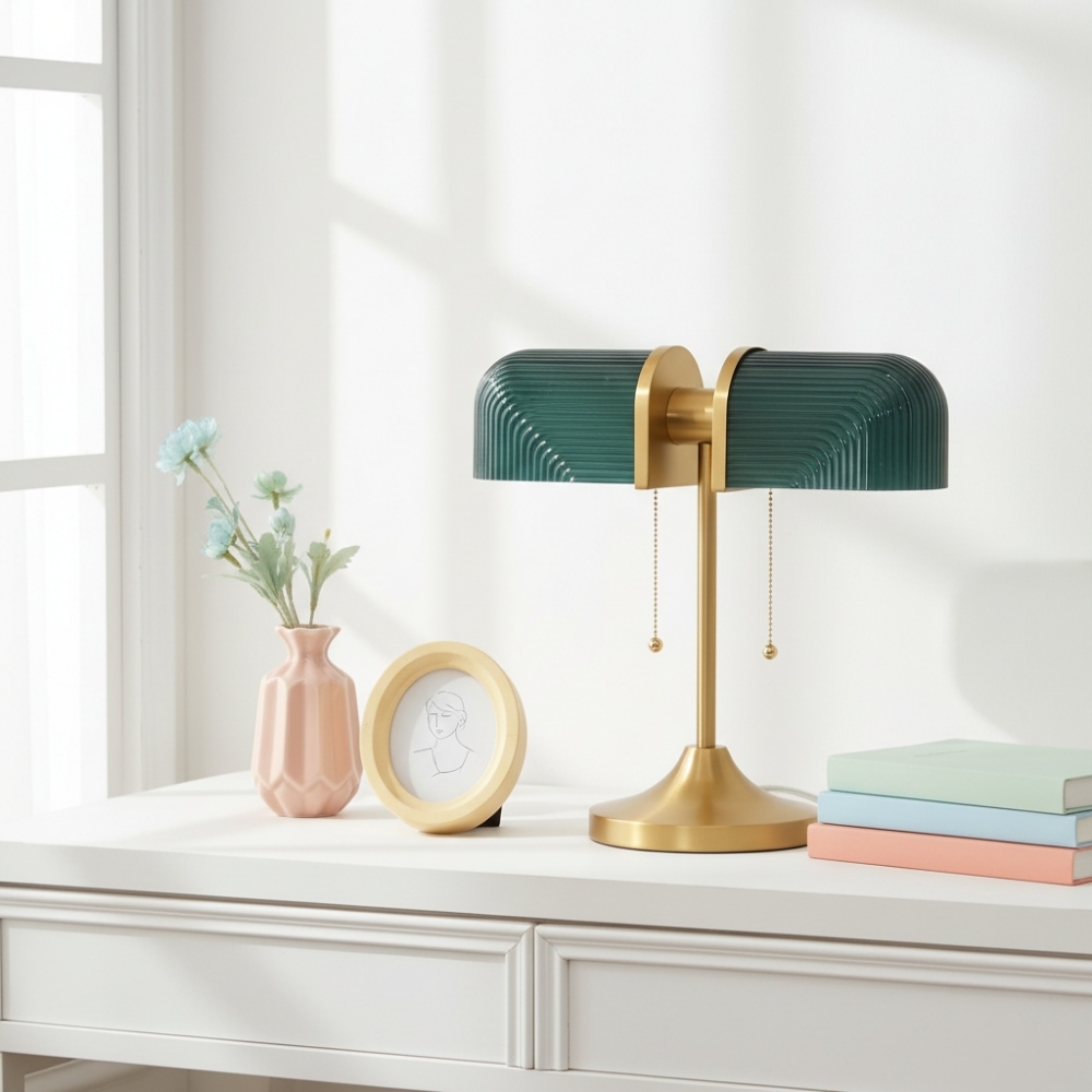 Aurebron Fluted Glass Table Lamp - Modern Decorative Metal Base Table Lamp for Living Room T1148