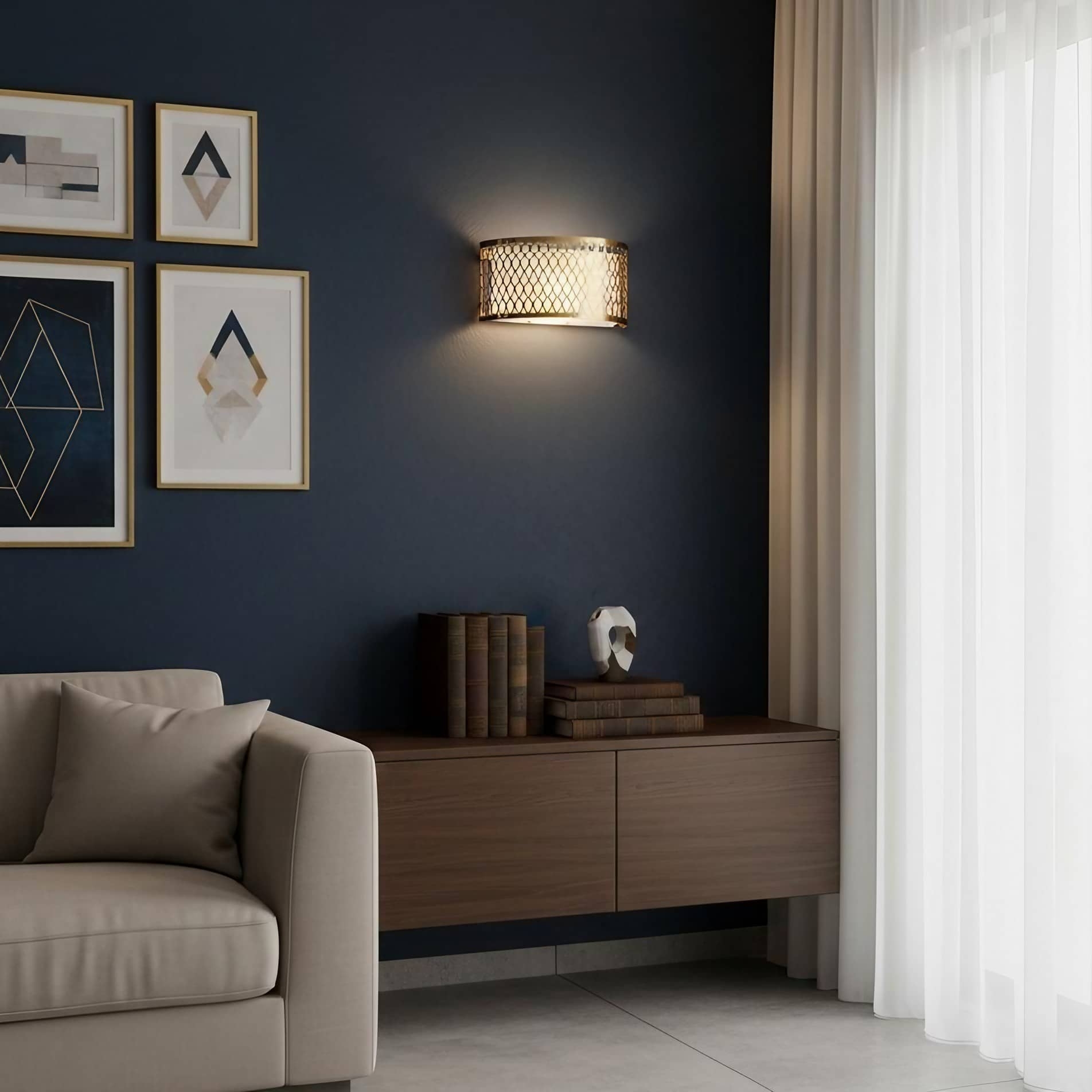 Liorin Fretwork Wall Light - Modern Curved Metal and Fabric Shade Sconce for Hallway or Bedroom T995