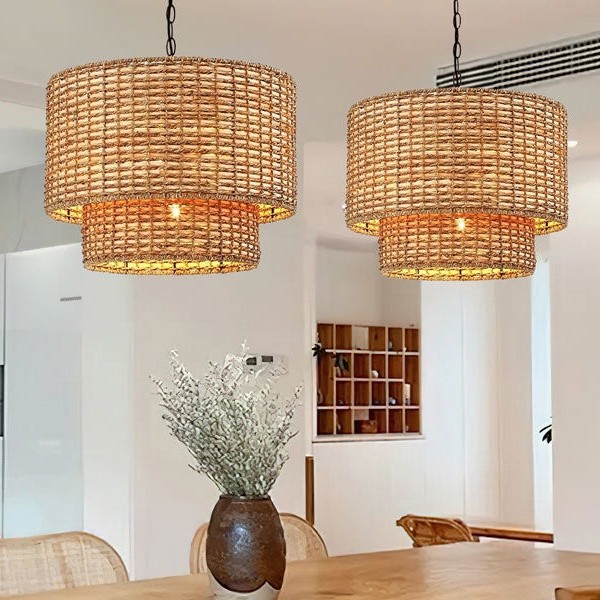 Natural Rattan Double Drum Pendant Light With Black Canopy G02