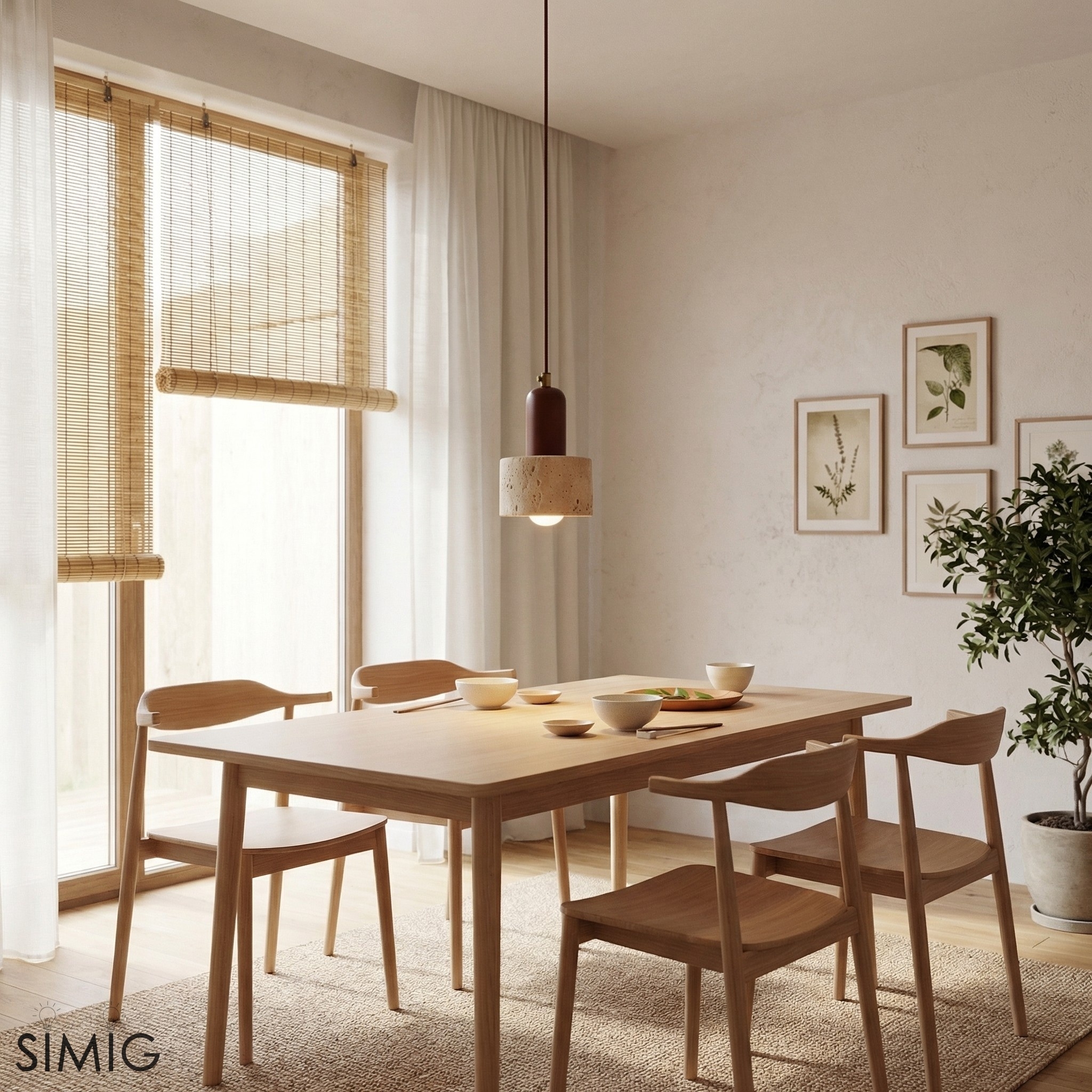 Rotating Travertine and Wood Pendant Light - Japandi Dining Room Glow T1100