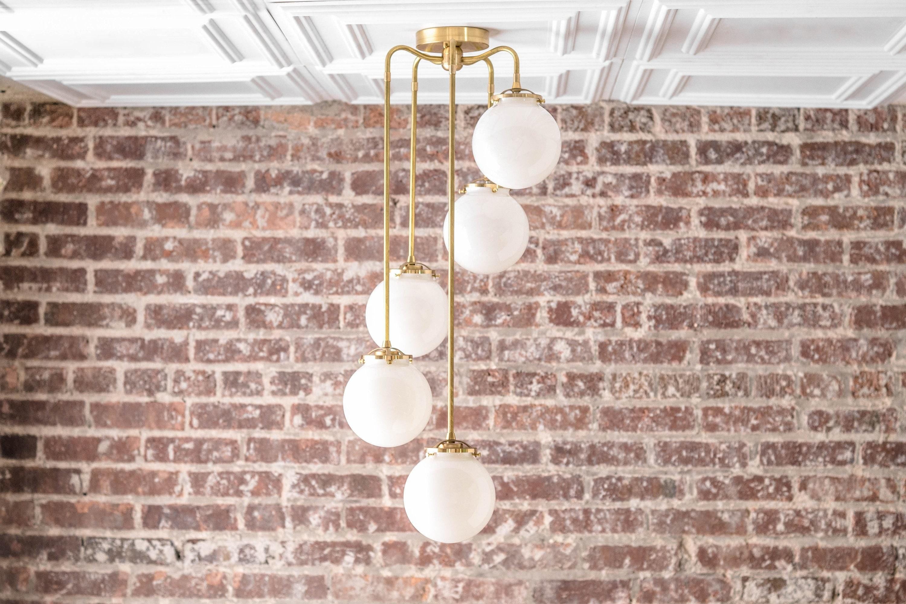 Glorica Glass 5 Globe Chandelier - Brass and Opal Glass Vintage Pendant Light T319