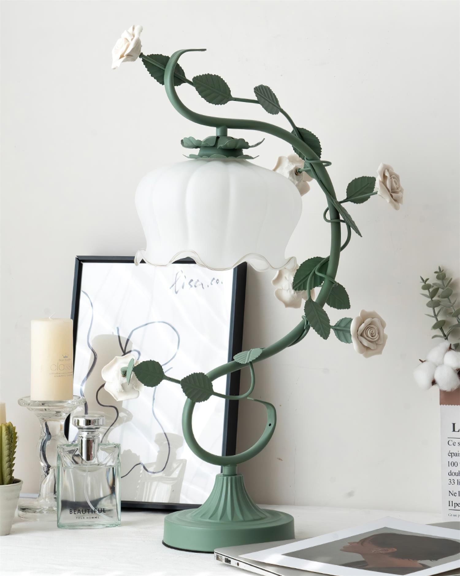 Green Pink White Rose Flower Table Lamp M107